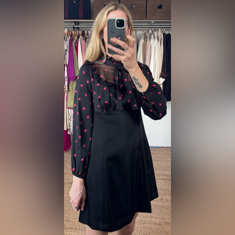 PORTS Silk Black Red Heart Pattern Long Sleeve Ruffle Bow Tie Mini Dress - Picture 5 of 14